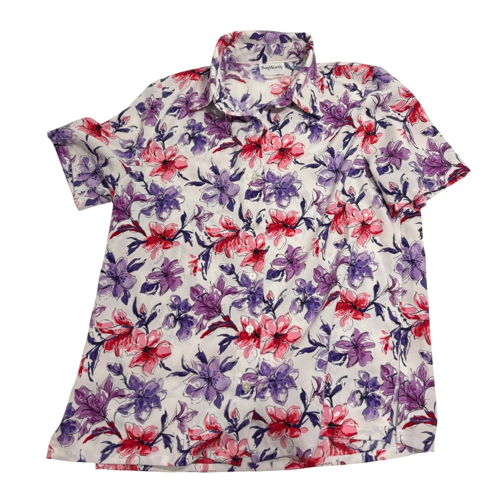 BonWorth Womens Short Sleeve Floral Button Up Shirt White Purple Pink Size L